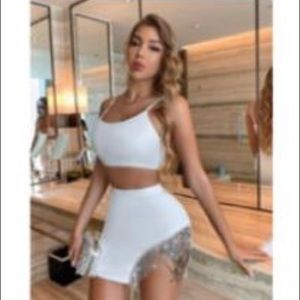 SHEIN Sxy Rhinestone Crop Cami Top & Fringe Trim Asymmetrical Hem Skirt